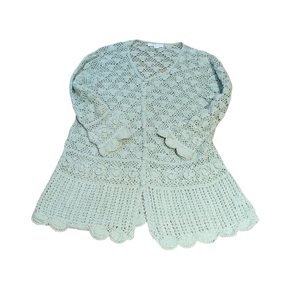 April Cornell Sweater Womens Medium Green Knit Cardigan Cotton Crochet - Picture 2 of 10
